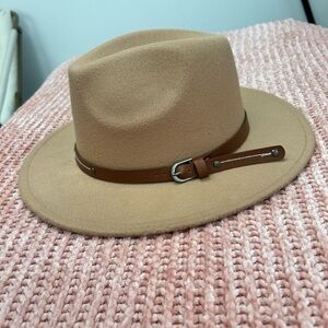 New Wide Brim Fedora Hat Classic Outdoor Tan Brown Hats w Belt Buckle Wool